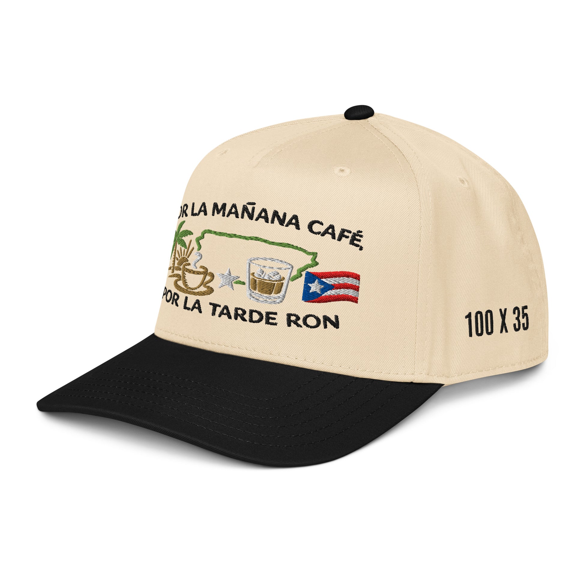 Por La Mañana Cafe, Por la Tarde Ron Baseball Cap Hat - Black Hat Side